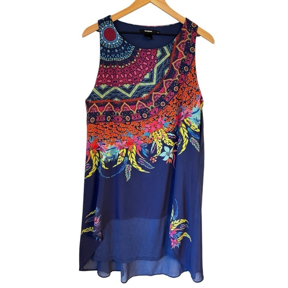 Desigual Double Layer Boho Dream Catcher Chiffon Navy Shift Dress Sz 42 (US 14)